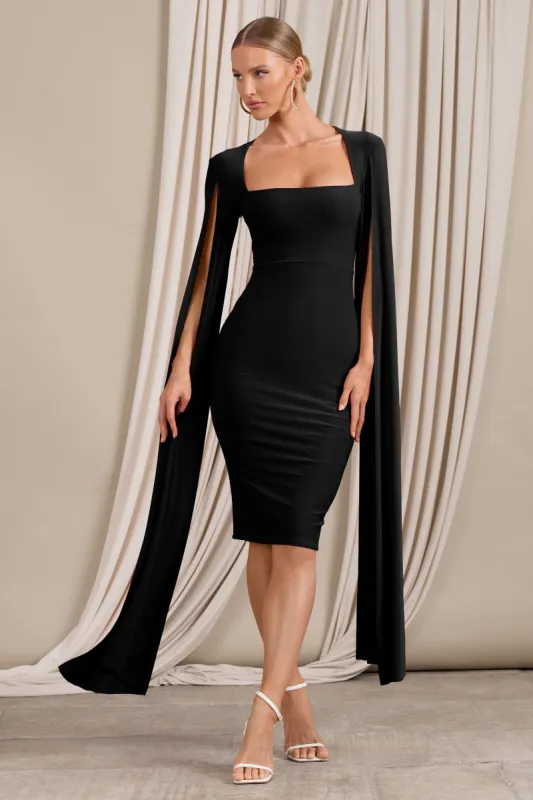 Flawless | Black Square Neck Midi Dress With Cape Sleeves sold by Club L London