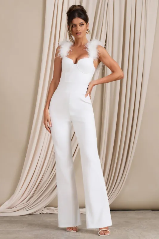 Verity | White Feather Shoulder Corset Style Jumpsuit sold by Club L London