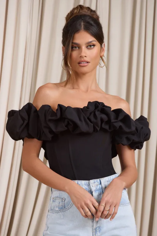 Ellie | Black Structured Statement Bardot Bodysuit sold by Club L London