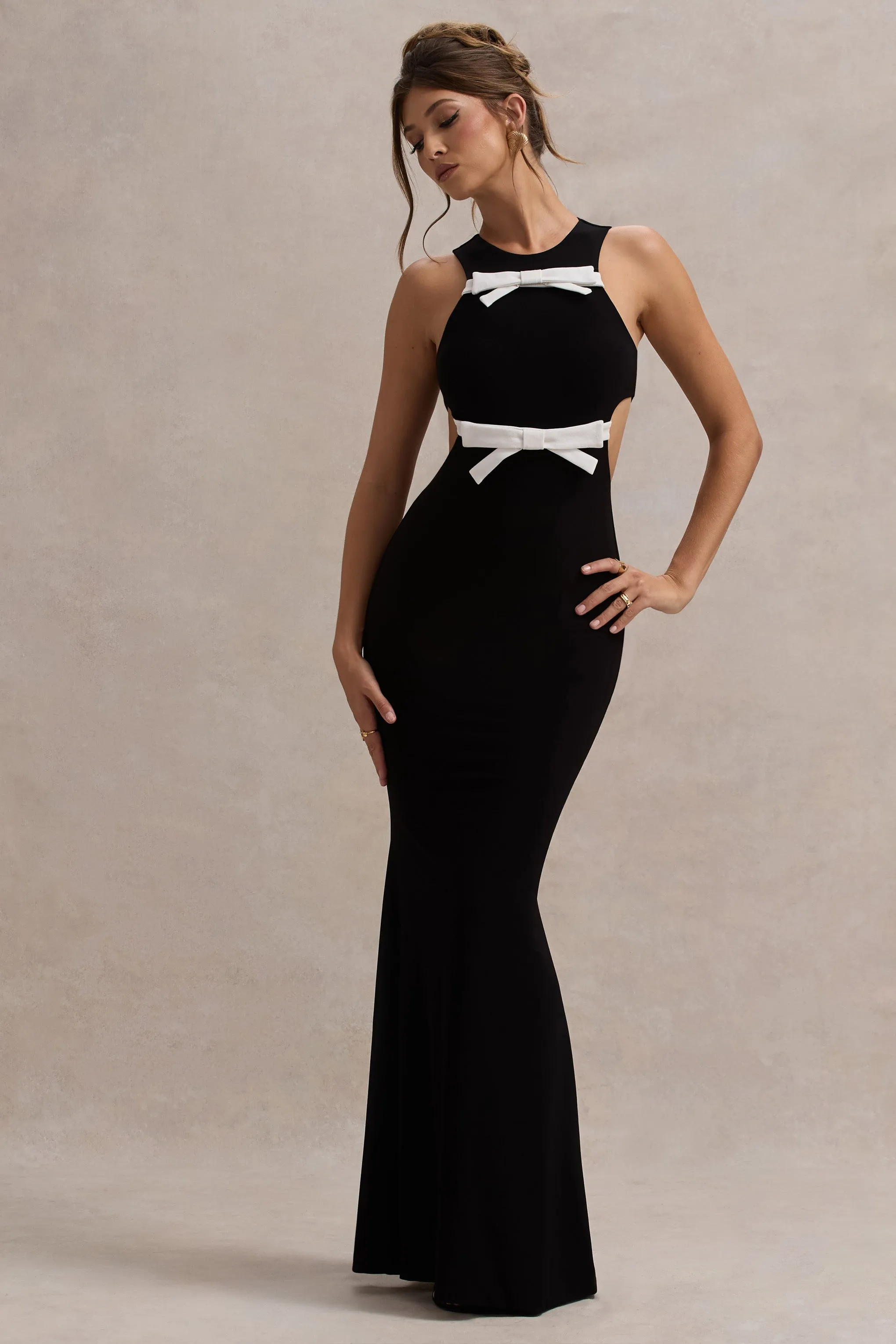 Aurelie | Black Cut-Out Maxi Dress With Bows sold by Club L London