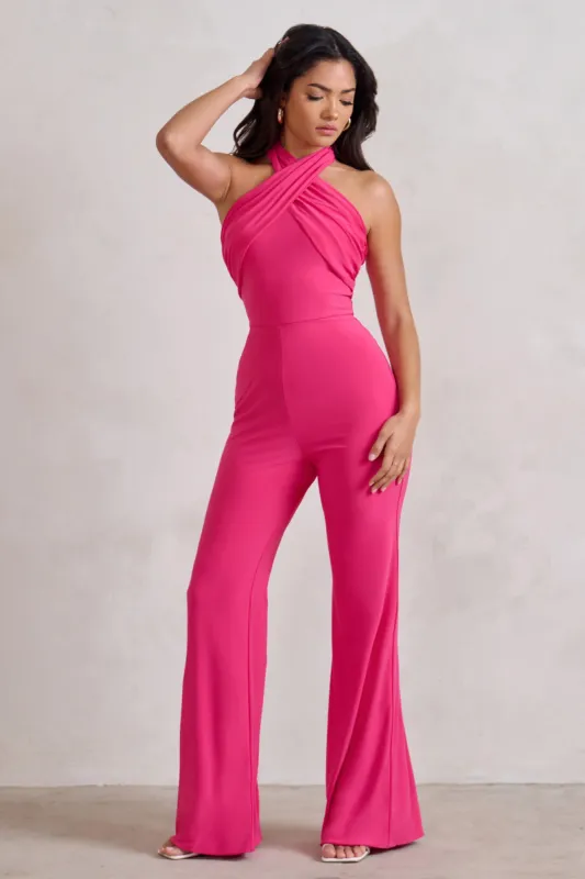 Goddess | Hot Pink Halter Neck Flare Jumpsuit sold by Club L London