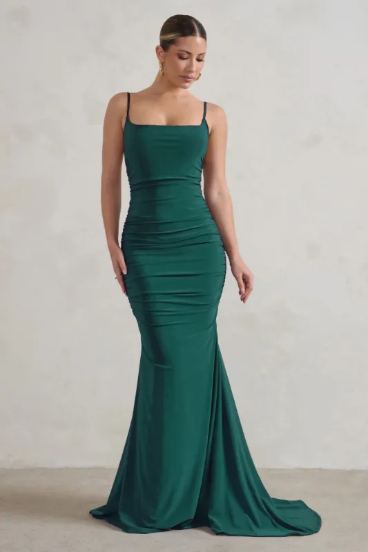 Adele | Bottle Green Backless Ruched Fishtail Cami Maxi Dress sold by Club L London