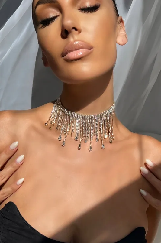 Victoria | Gold Choker Diamante Tassel Necklace sold by Club L London