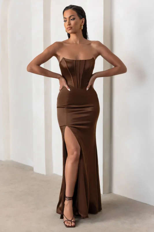 Sensual Notes | Chocolate Brown Satin Strapless Corset Thigh Split Maxi Dress sold by Club L London