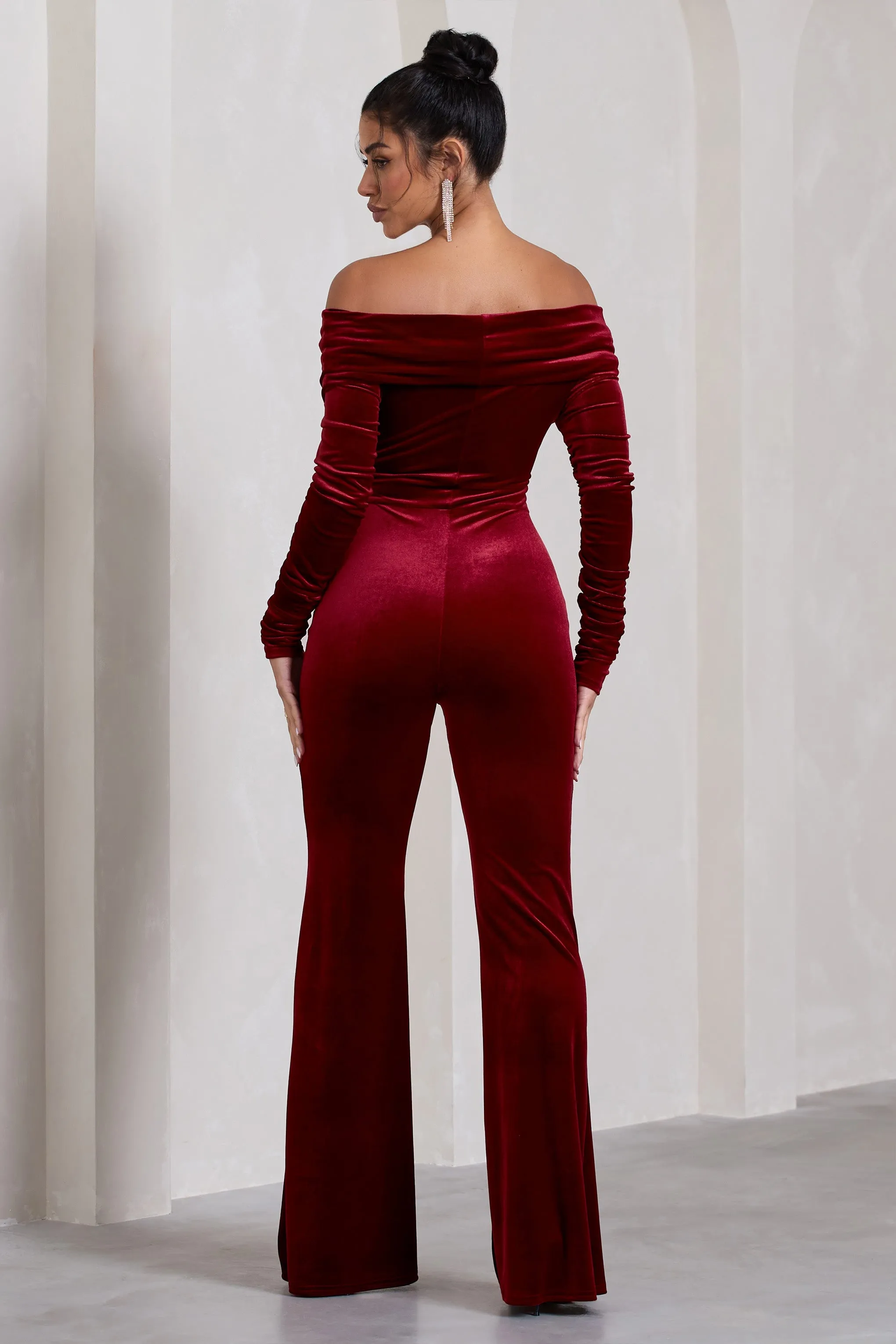 Borealis | Berry Velvet Long-Sleeved Bardot Jumpsuit sold by Club L London product image thumbnail 2