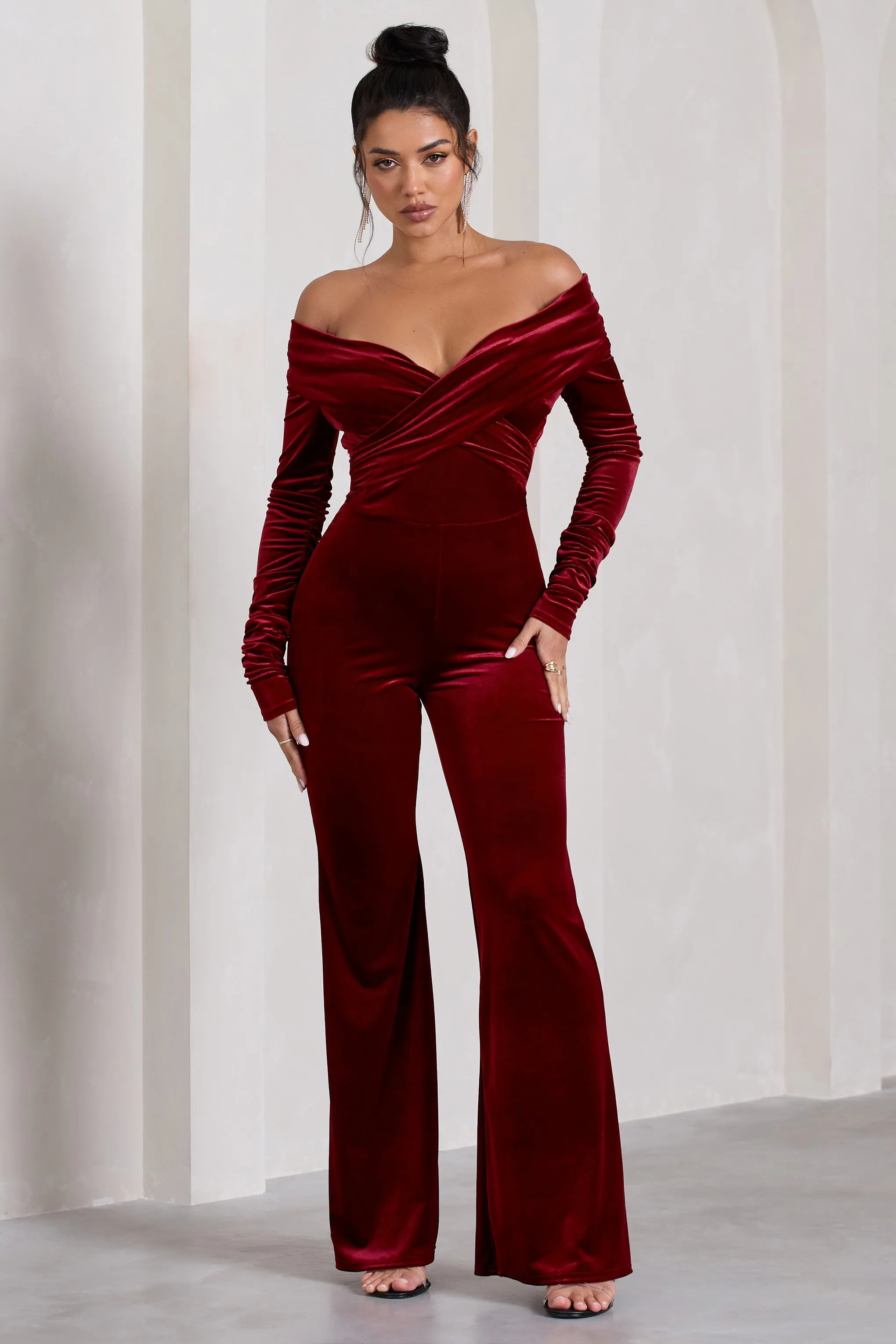 Borealis | Berry Velvet Long-Sleeved Bardot Jumpsuit sold by Club L London product image thumbnail 5