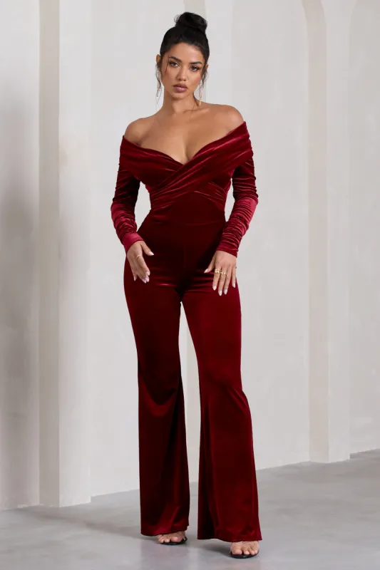 Borealis | Berry Velvet Long-Sleeved Bardot Jumpsuit sold by Club L London