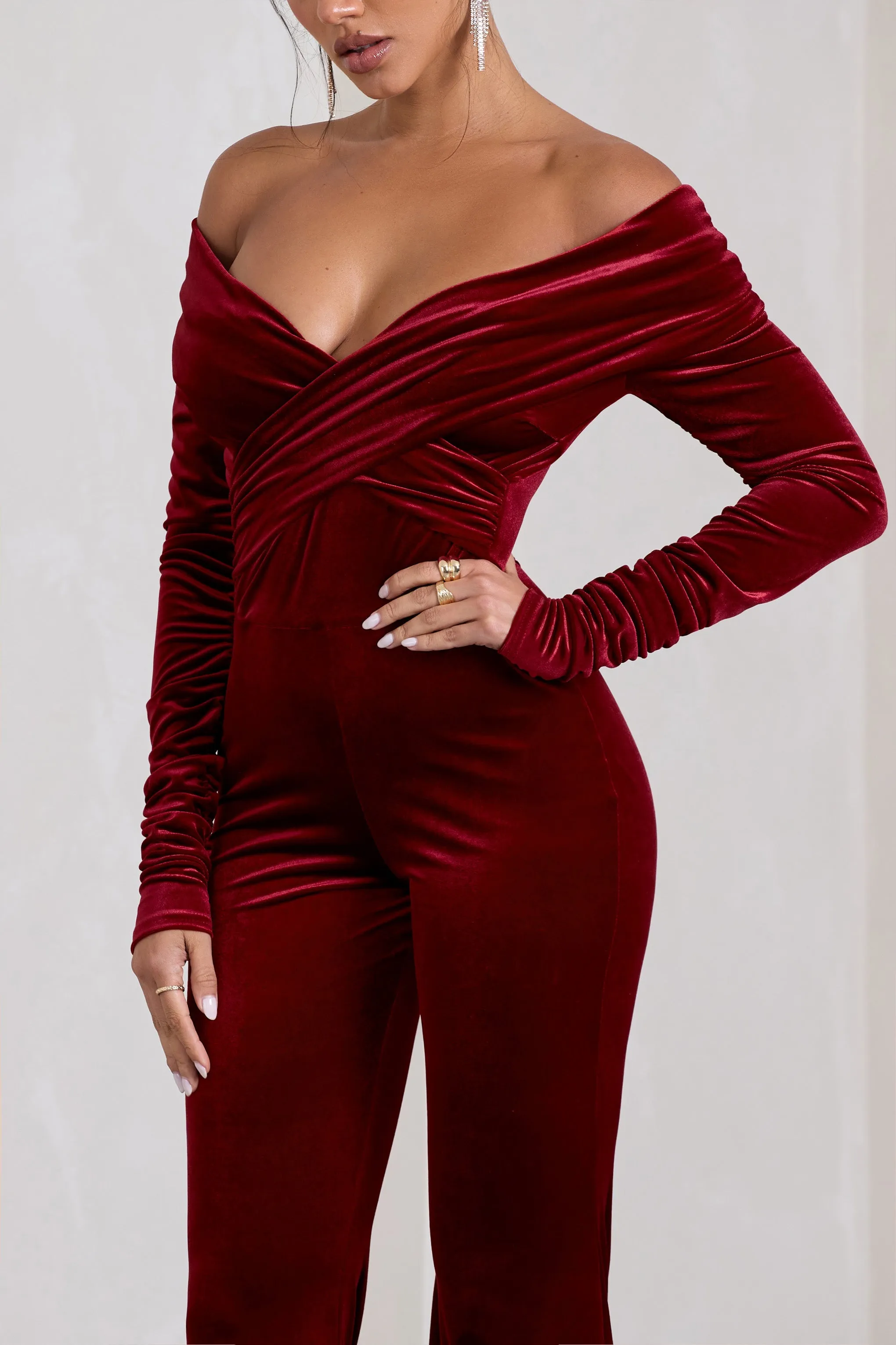 Borealis | Berry Velvet Long-Sleeved Bardot Jumpsuit sold by Club L London product image thumbnail 3