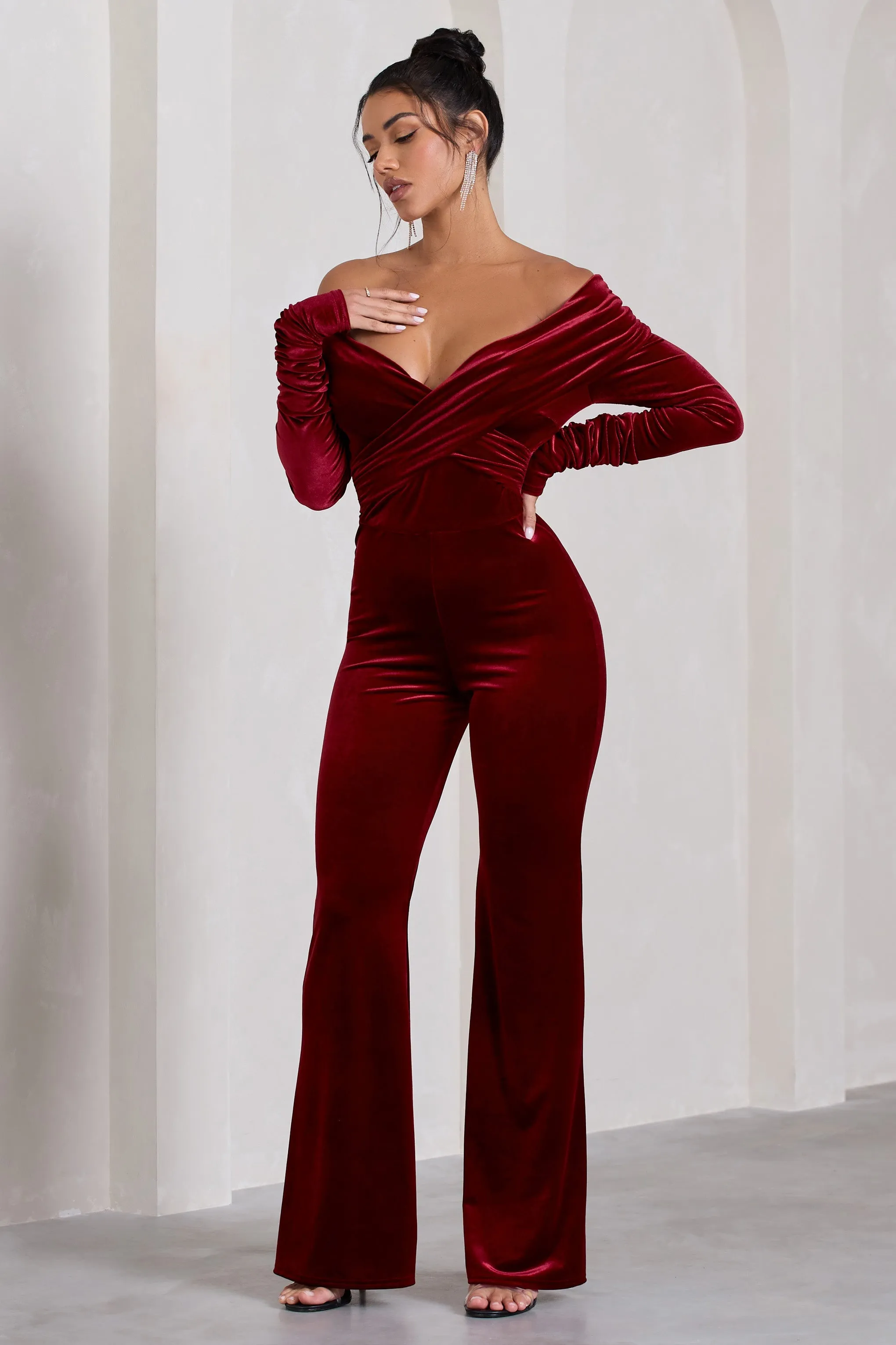 Borealis | Berry Velvet Long-Sleeved Bardot Jumpsuit sold by Club L London product image thumbnail 4