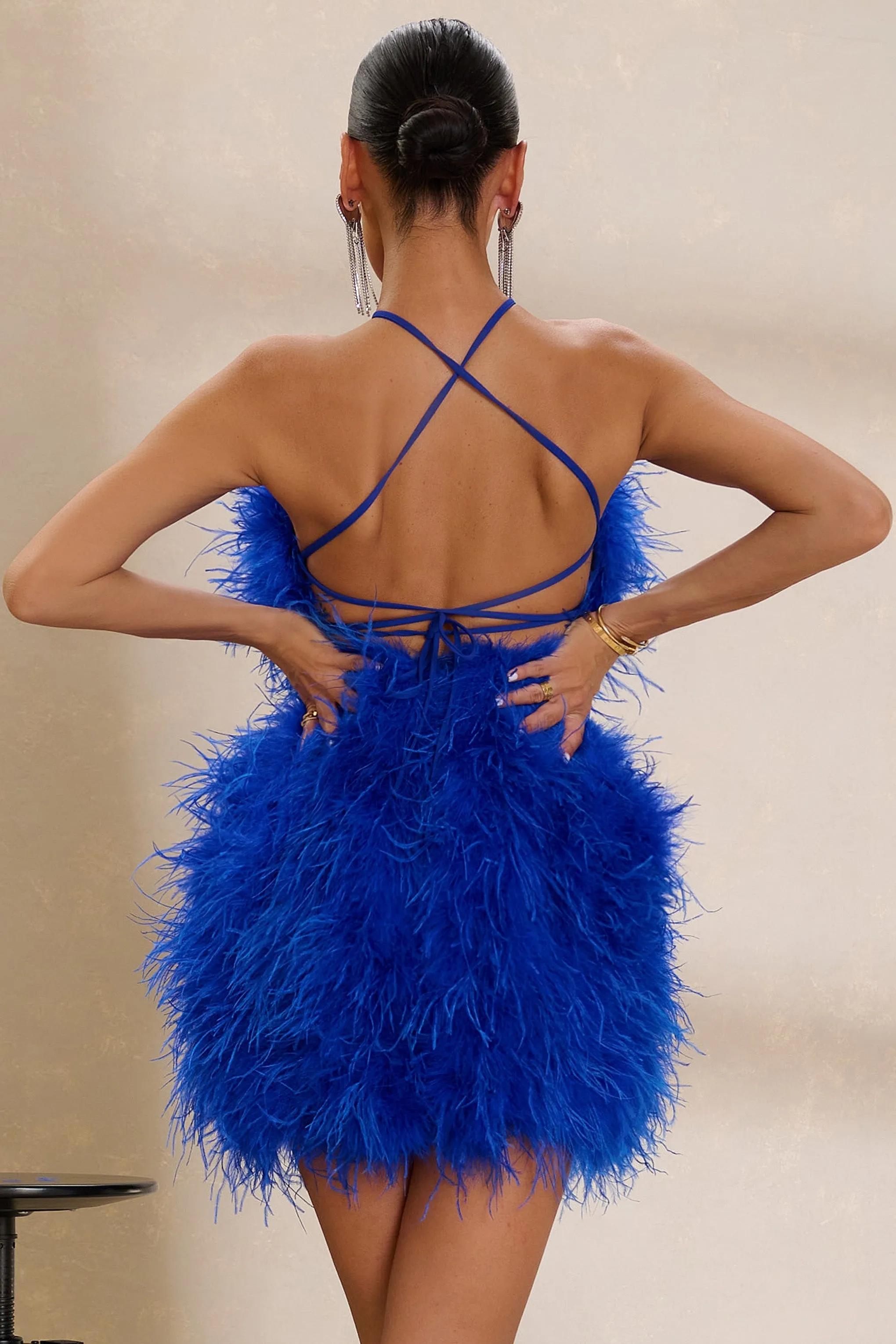 Power Up | Cobalt Blue Feather Halter Neck Mini Dress sold by Club L London product image thumbnail 2