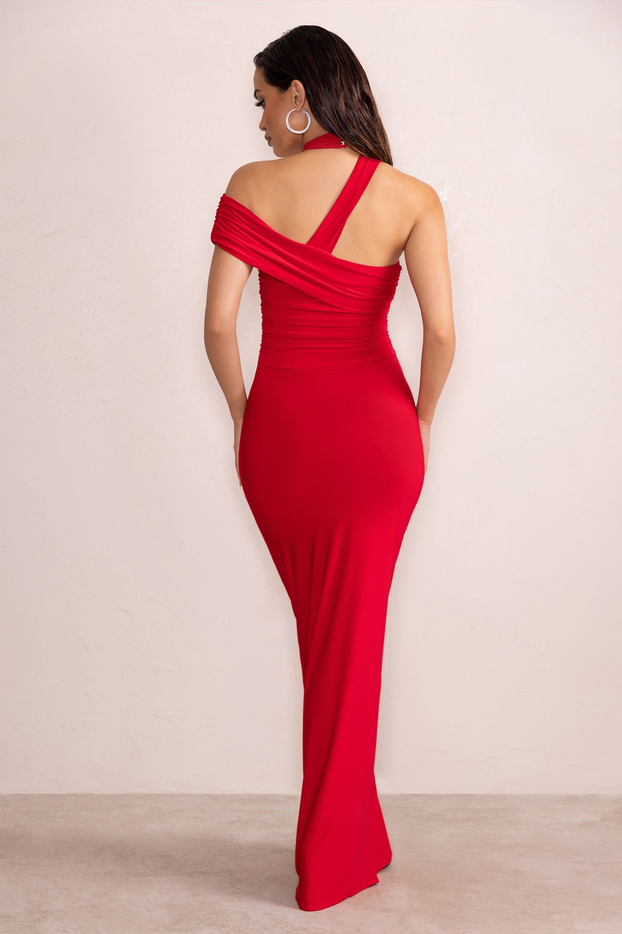 Lyla | Red Asymmetric Off The Shoulder Ruched Maxi Dress with Side Split sold by Club L London product image thumbnail 2