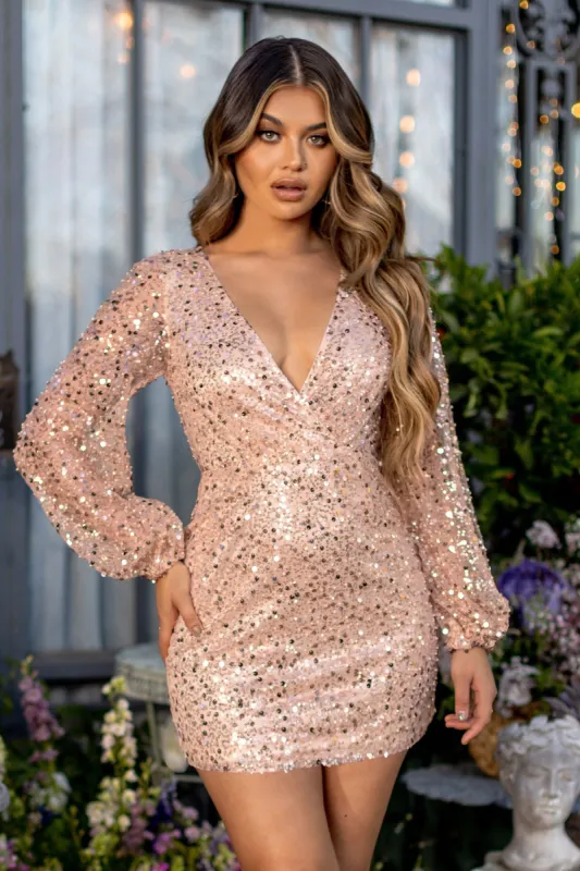 Bling | Petite Rose Gold Sequin Wrap Front Mini With Blouson Sleeves sold by Club L London