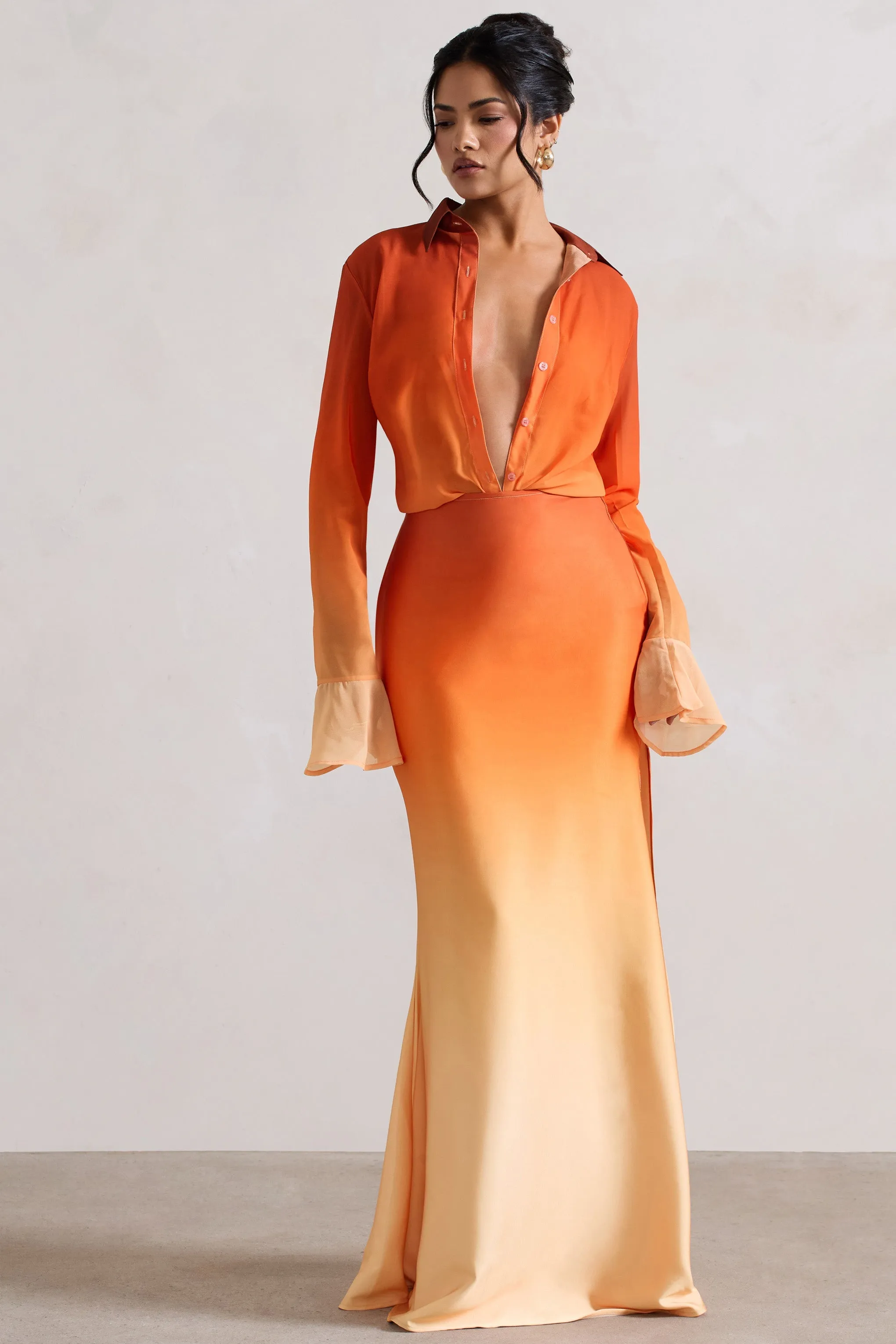 Serita | Orange Ombre Satin Maxi Skirt sold by Club L London