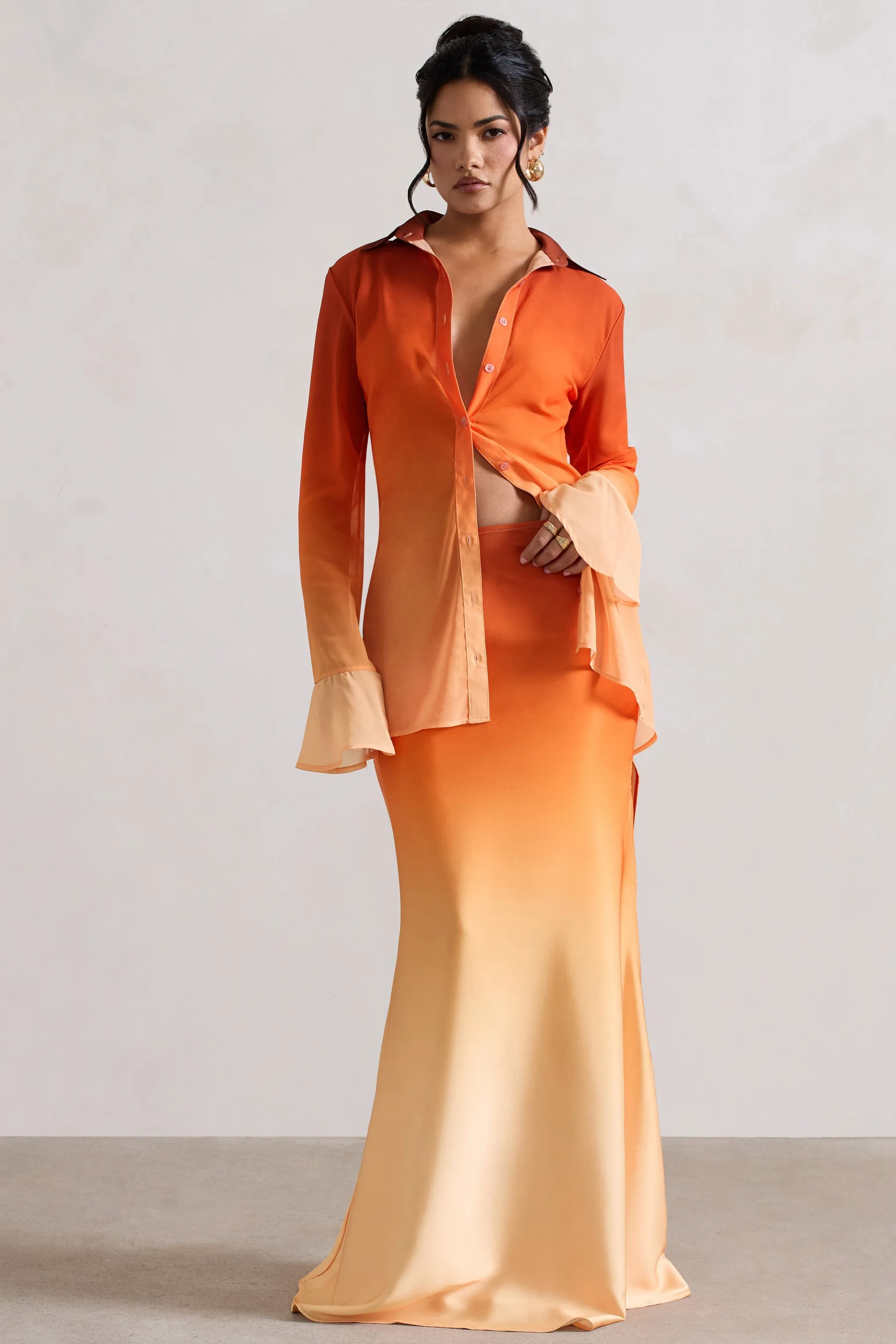 Serita | Orange Ombre Satin Maxi Skirt sold by Club L London product image thumbnail 4