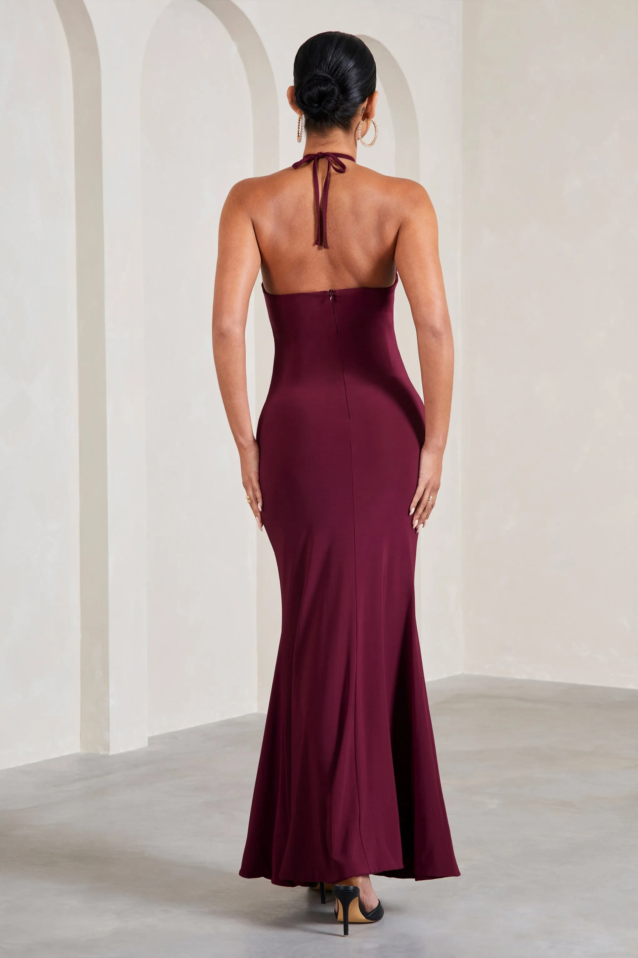 Loving | Burgundy Halter-Neck Maternity Maxi Dress With Flower Corsage sold by Club L London product image thumbnail 2