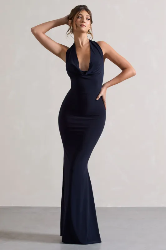 Milani | Navy Backless Cowl Neck Fishtail Maxi Dress sold by Club L London