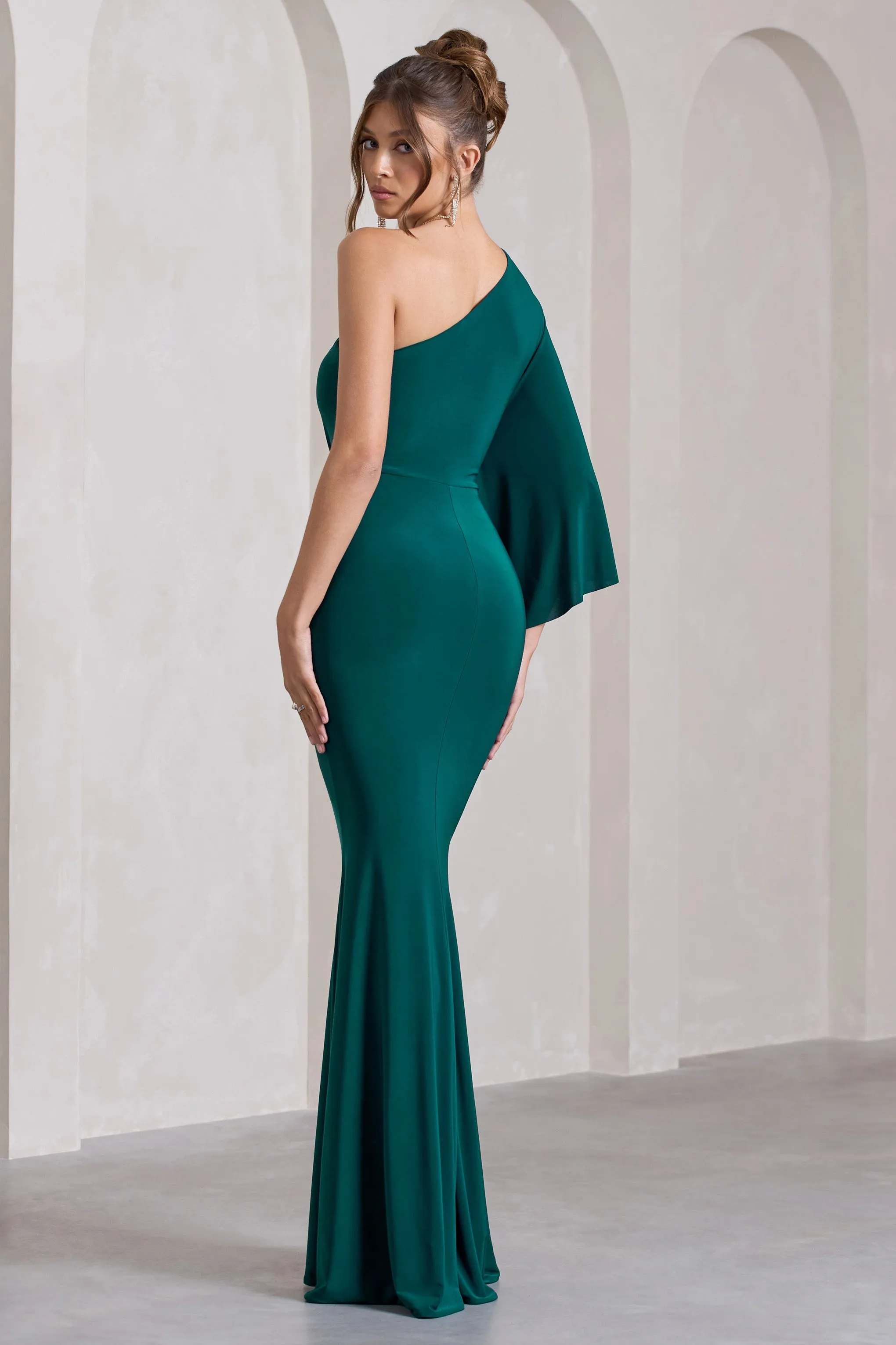 Luciana | Bottle Green One Shoulder Drape Sleeve Maxi Dress sold by Club L London product image thumbnail 2