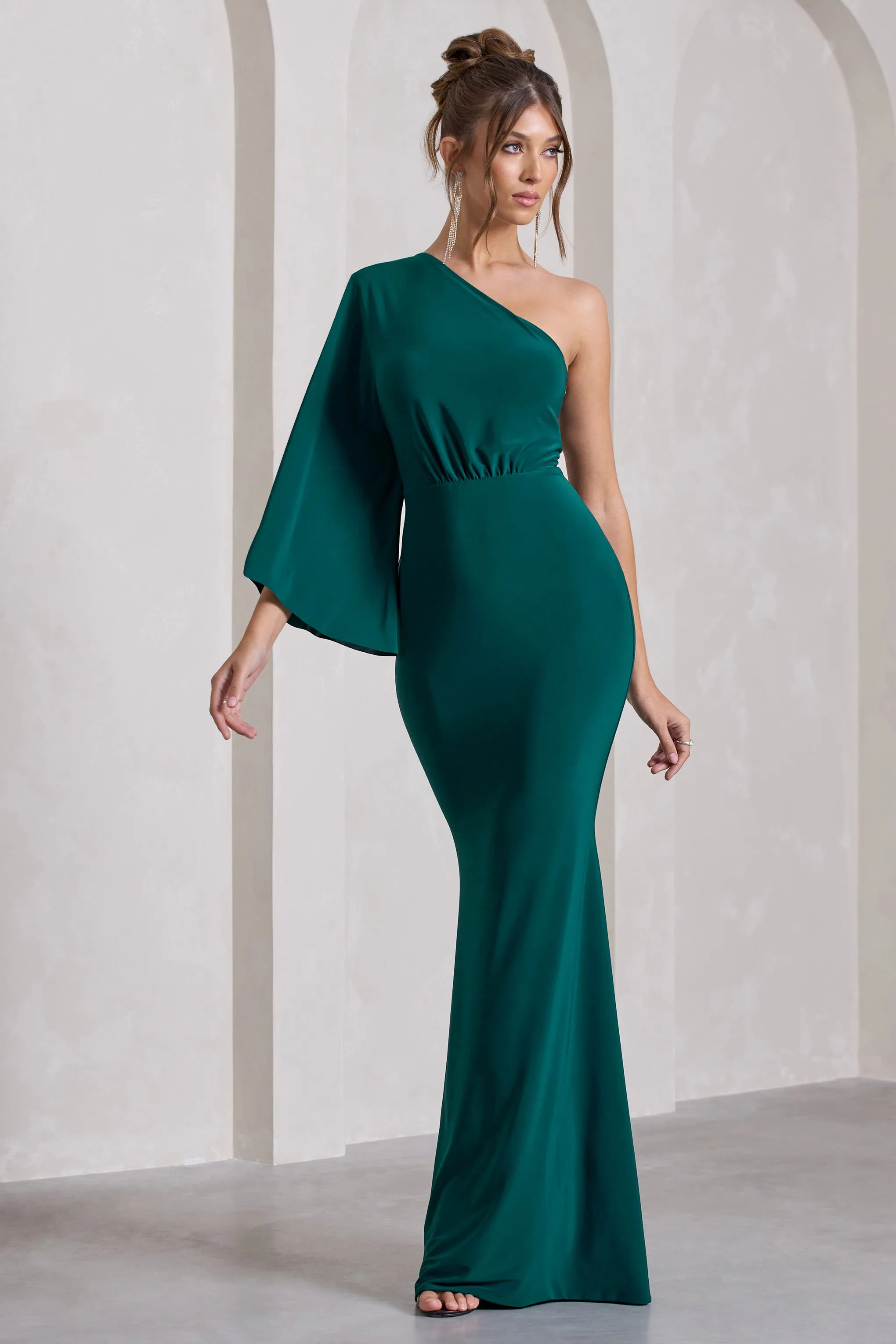 Luciana | Bottle Green One Shoulder Drape Sleeve Maxi Dress sold by Club L London