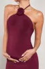 Loving | Burgundy Halter-Neck Maternity Maxi Dress With Flower Corsage sold by Club L London