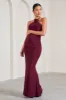 Loving | Burgundy Halter-Neck Maternity Maxi Dress With Flower Corsage sold by Club L London