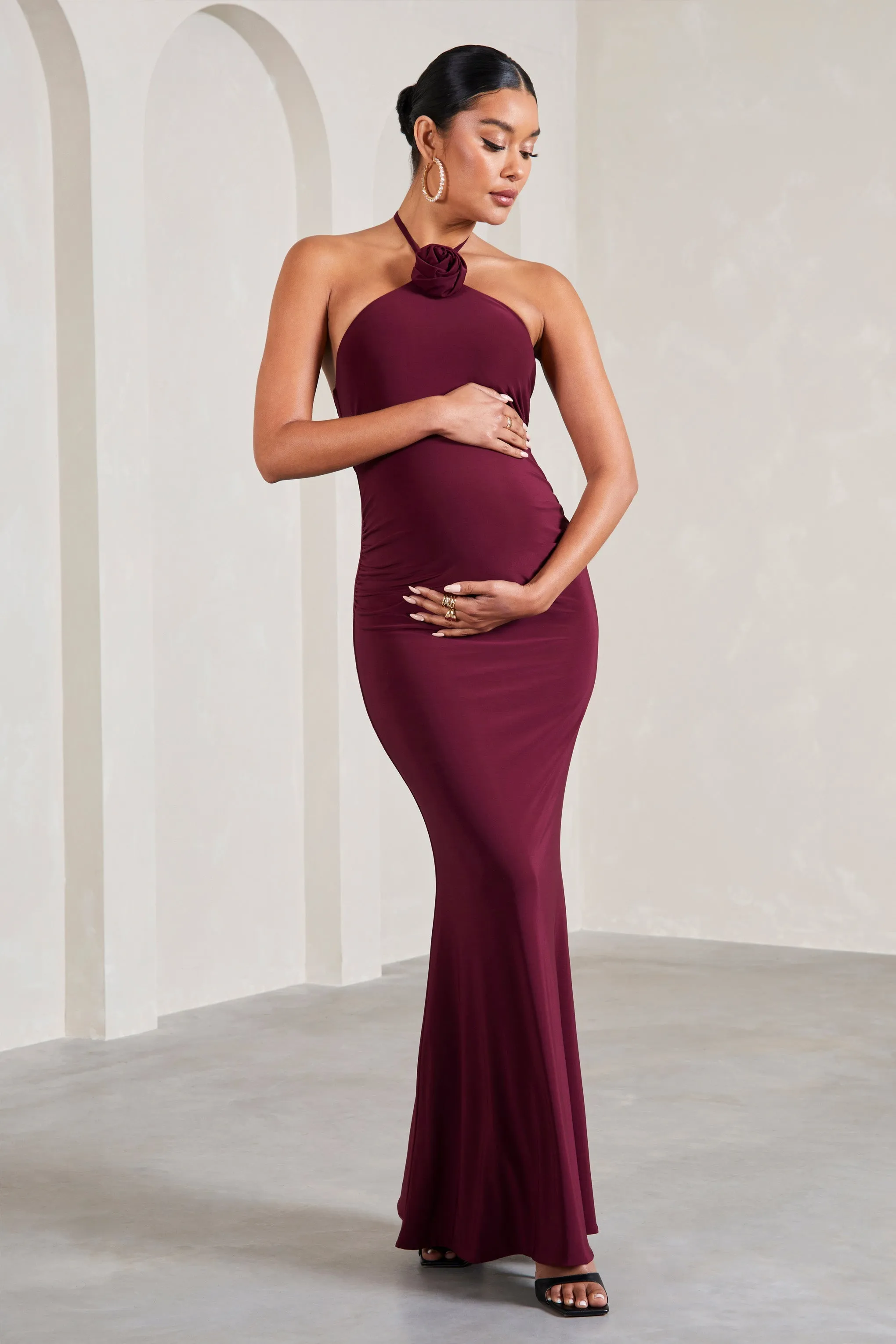 Loving | Burgundy Halter-Neck Maternity Maxi Dress With Flower Corsage sold by Club L London