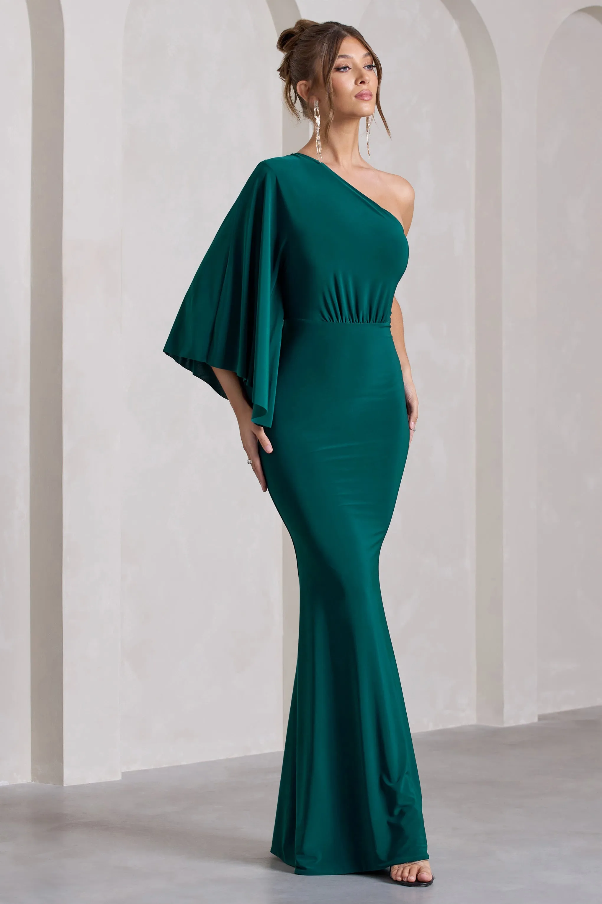 Luciana | Bottle Green One Shoulder Drape Sleeve Maxi Dress sold by Club L London product image thumbnail 5