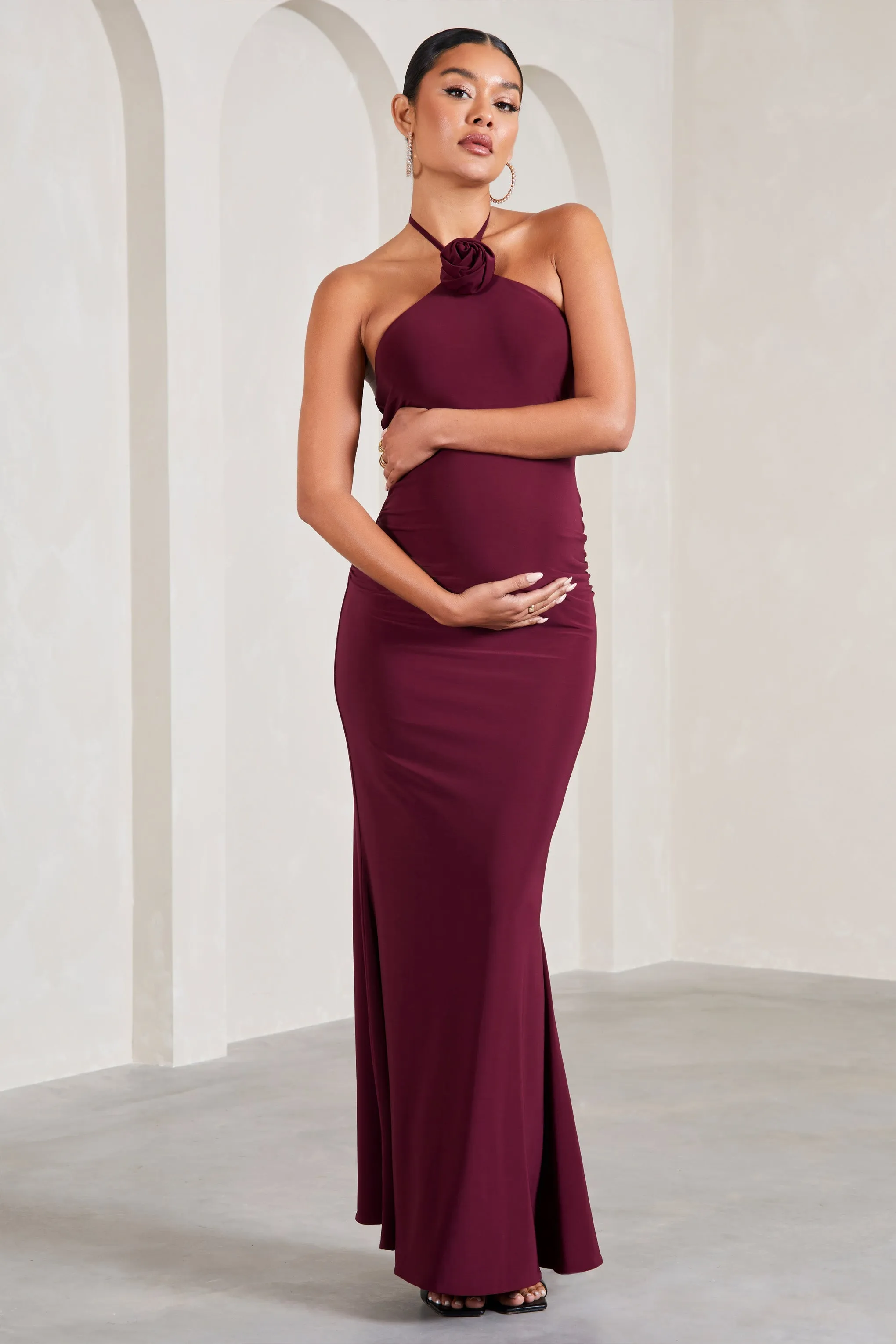 Loving | Burgundy Halter-Neck Maternity Maxi Dress With Flower Corsage sold by Club L London product image thumbnail 5