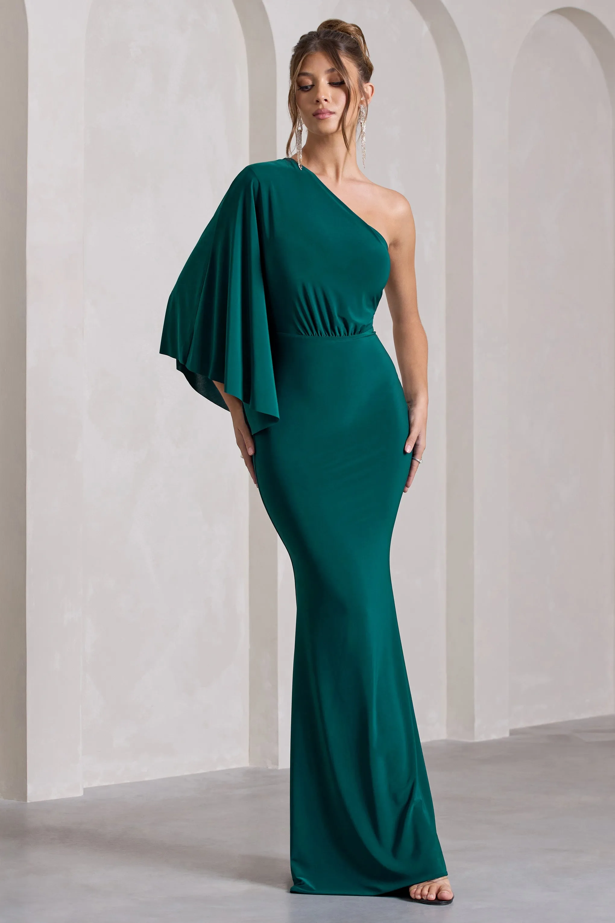 Luciana | Bottle Green One Shoulder Drape Sleeve Maxi Dress sold by Club L London product image thumbnail 4
