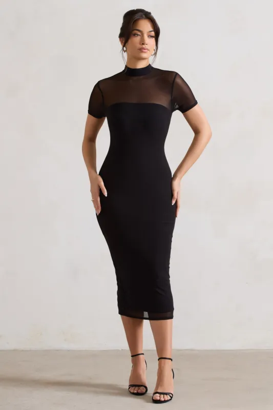 Melinda | Black High-Neck Short Sleeve Midi Dress sold by Club L London