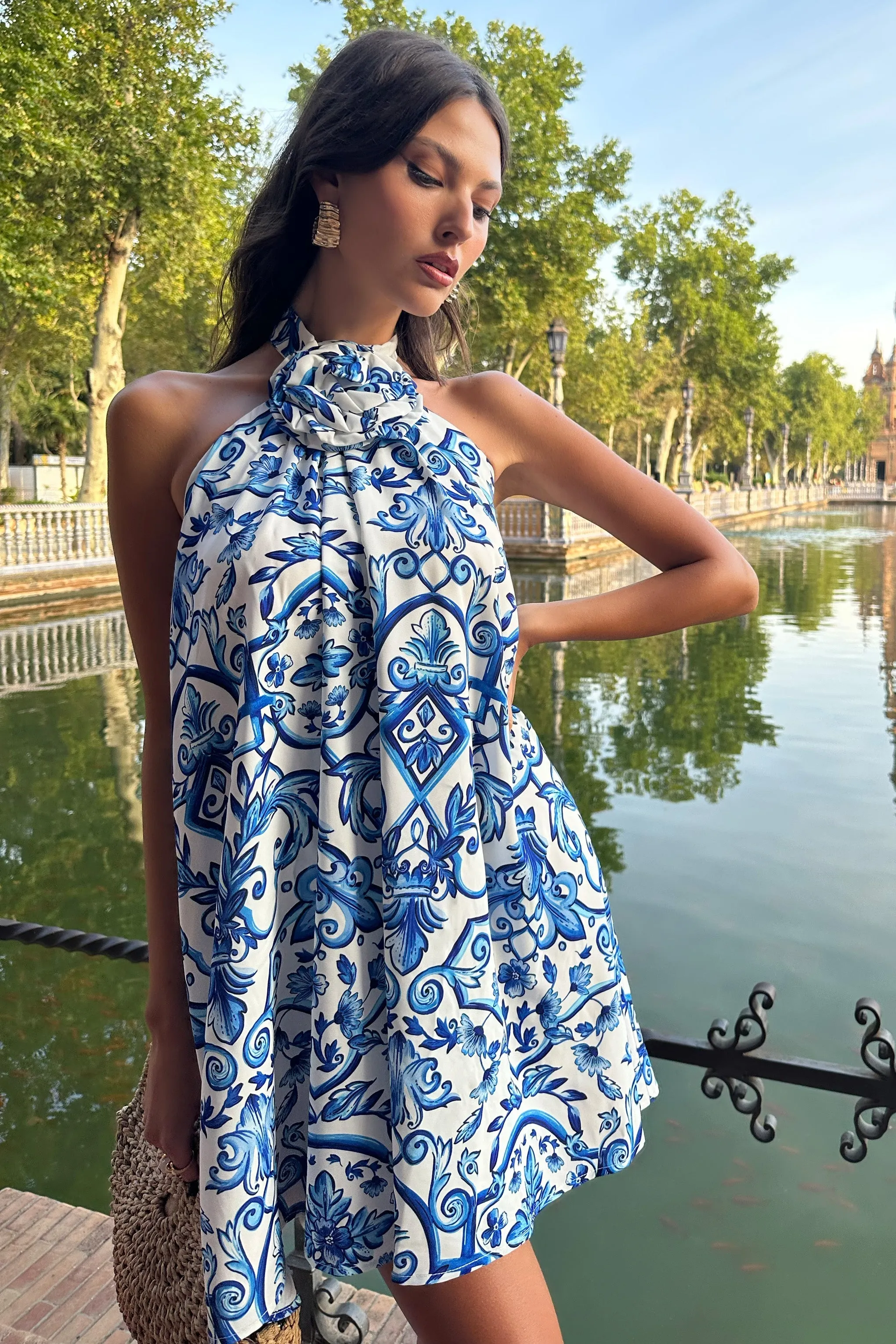 Naples | Blue Porcelain Print Halter-Neck Mini Dress With Corsage sold by Club L London