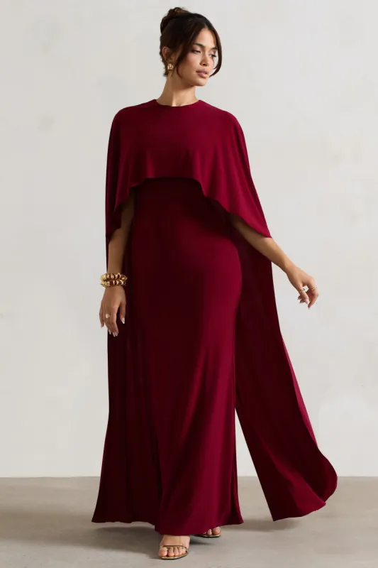 Padma | Berry Draped Maxi Dress With Cape Sleeves sold by Club L London