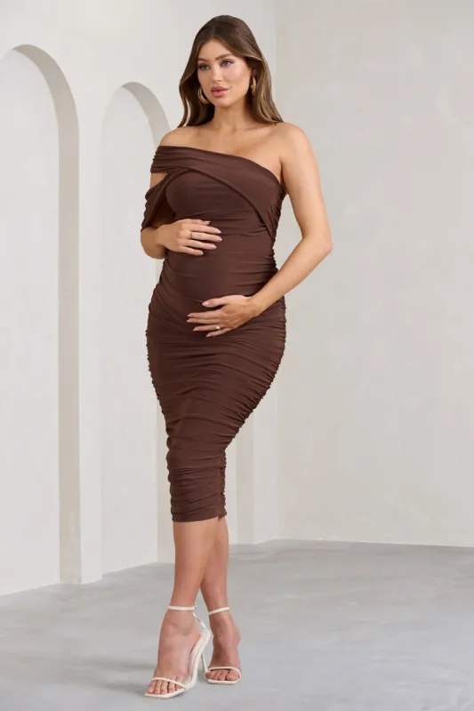 Cici | Brown Asymmetric Ruched Maternity Midi Dress sold by Club L London