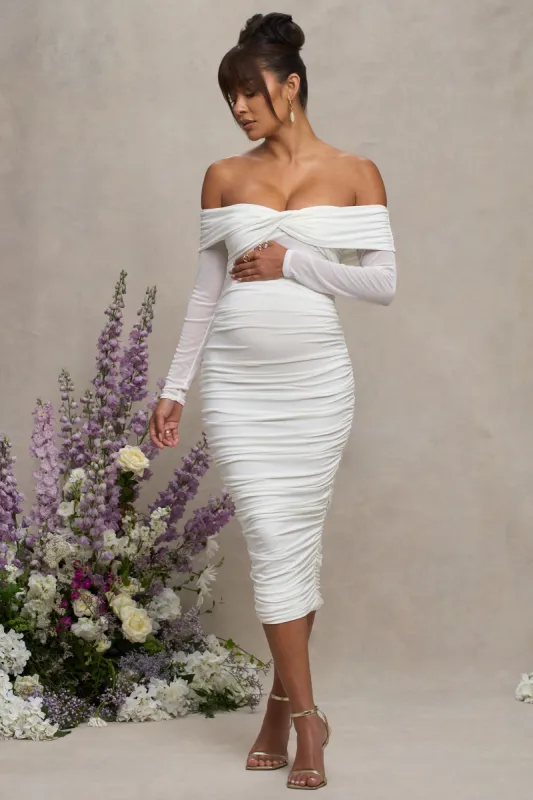 Neva | White Bardot Twist Maternity Midi Dress sold by Club L London