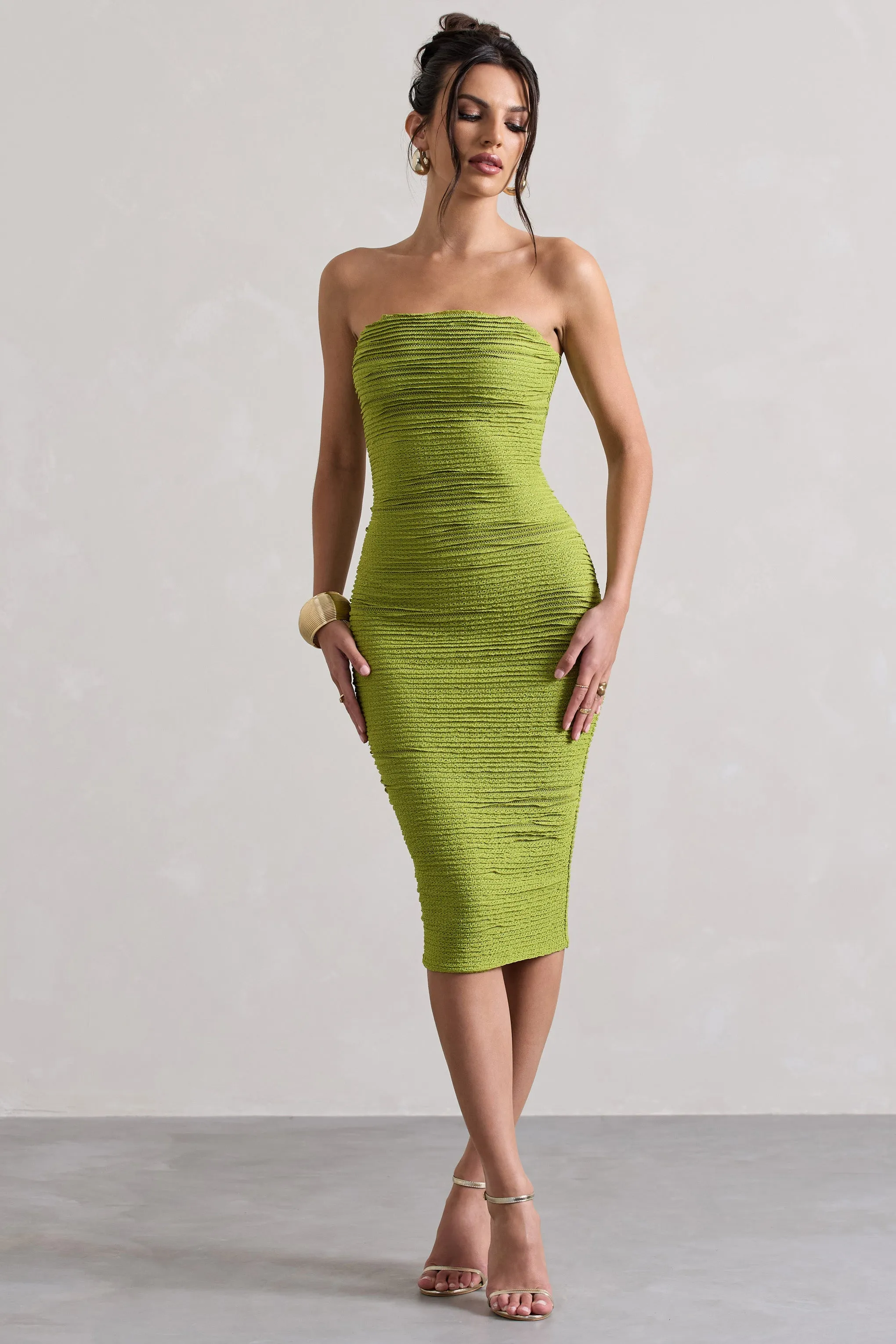 Palau | Olive Green Crochet Bandeau Midi Dress sold by Club L London