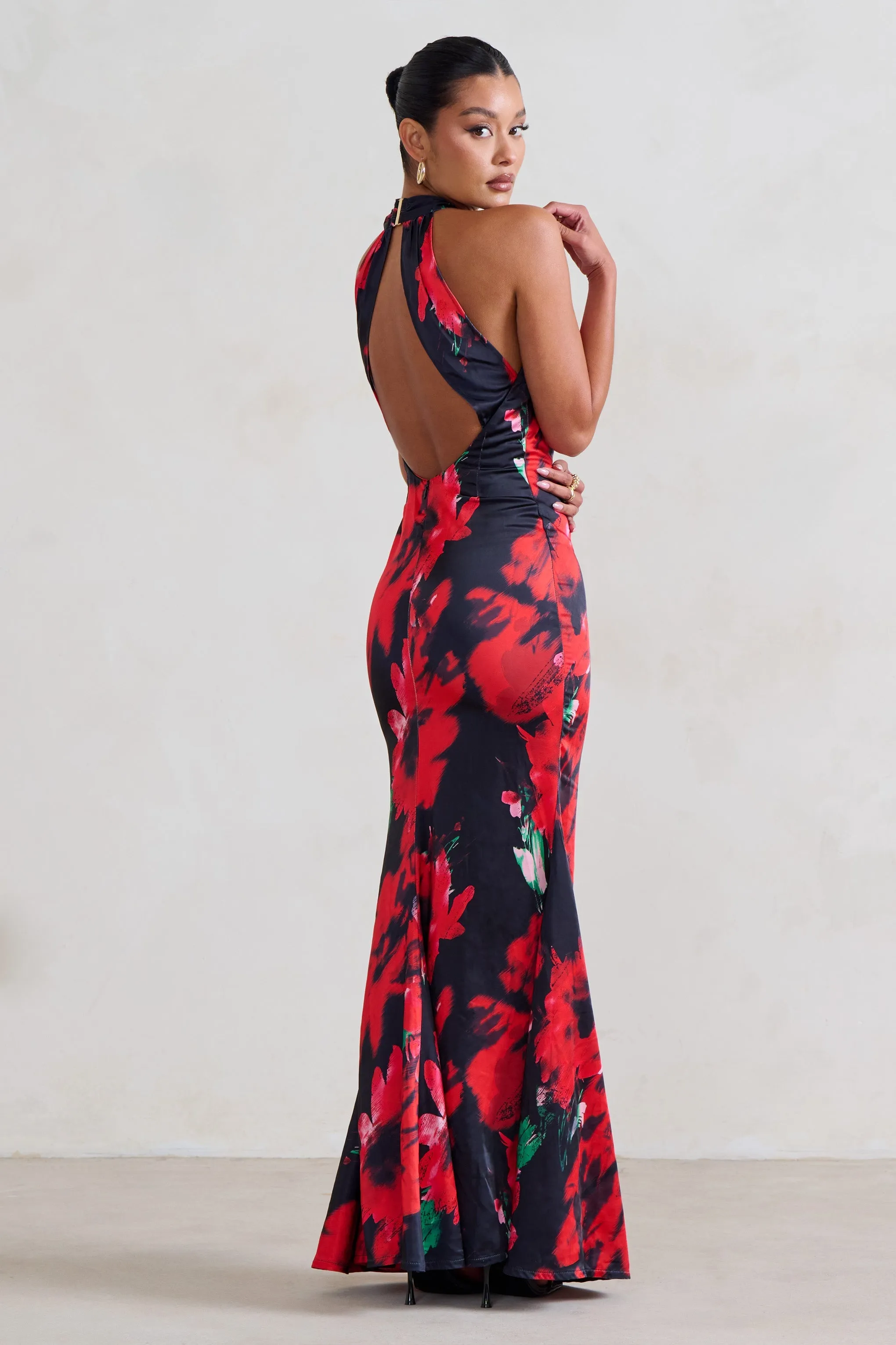 Unstoppable | Black Floral Cross Over Halter Neck Maxi Dress sold by Club L London product image thumbnail 4
