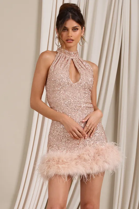 Tillie | Champagne Sequin High Neck Trapeze Mini Dress With Feather Hem Detail sold by Club L London