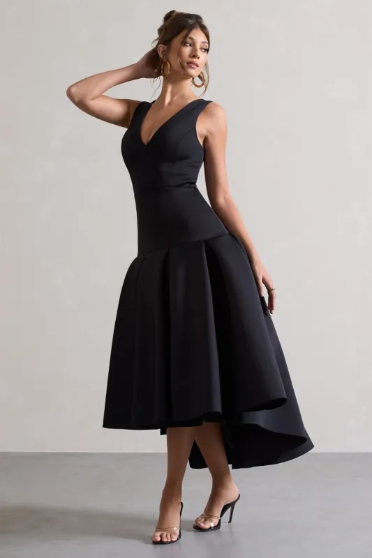 Amoret | Black Plunge-Neck Maxi Dress With Volume Hem sold by Club L London
