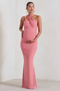 Alba | Blush Pink Maternity Halter Asymmetric Maxi Dress with Cut Out sold by Club L London