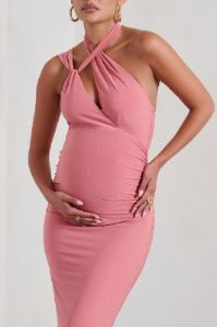 Alba | Blush Pink Maternity Halter Asymmetric Maxi Dress with Cut Out sold by Club L London