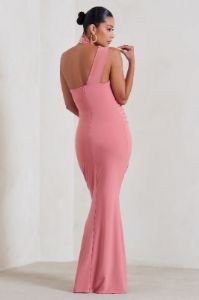 Alba | Blush Pink Maternity Halter Asymmetric Maxi Dress with Cut Out sold by Club L London
