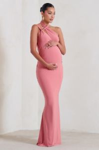 Alba | Blush Pink Maternity Halter Asymmetric Maxi Dress with Cut Out sold by Club L London