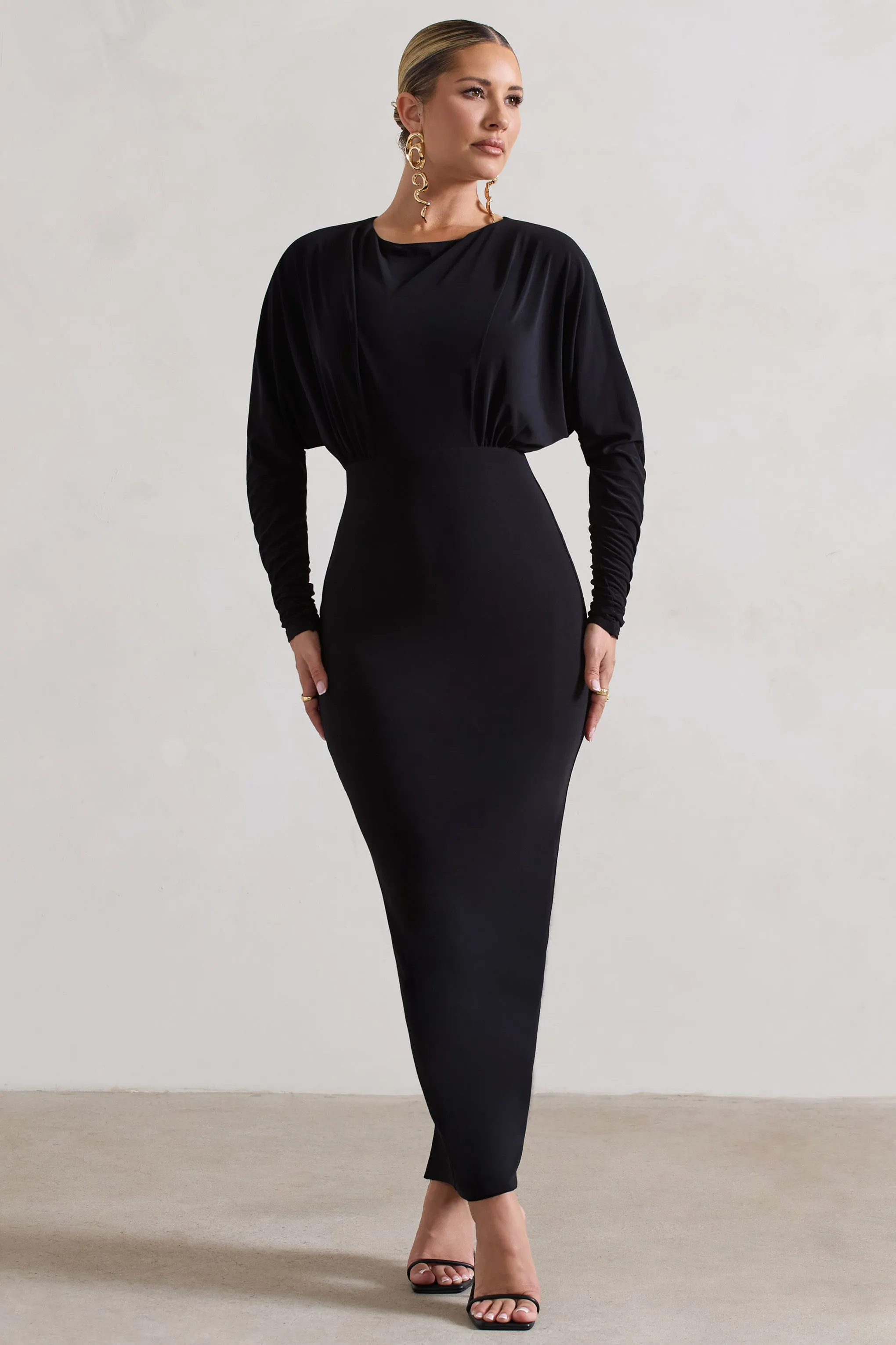 All It Takes | Black Long-Sleeve Draped Maxi Dress sold by Club L London