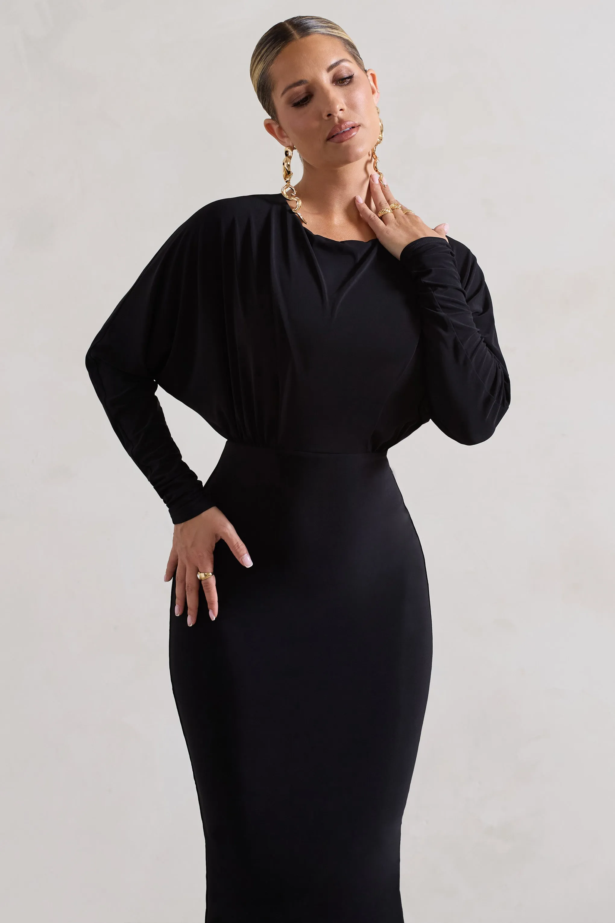 All It Takes | Black Long-Sleeve Draped Maxi Dress sold by Club L London product image thumbnail 3