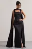 Intuition | Black Satin Square-Neck Split Maxi Dress With Scarf sold by Club L London