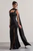 Intuition | Black Satin Square-Neck Split Maxi Dress With Scarf sold by Club L London