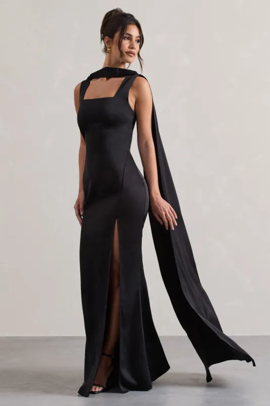 Clothes Order Club Dresses Online Angeline Black Chiffon Draped Split Maxi  Dress With Corsages