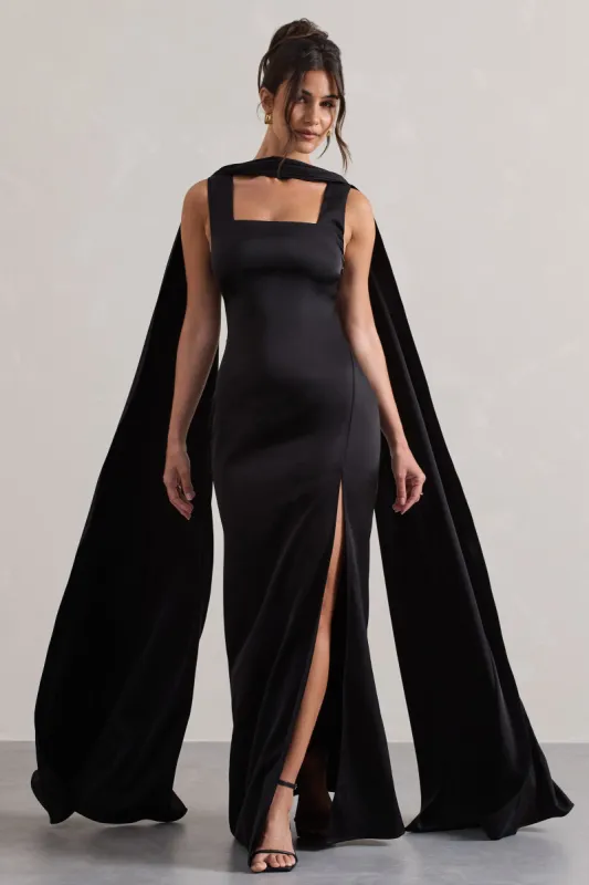 Intuition | Black Satin Square-Neck Split Maxi Dress With Scarf sold by Club L London
