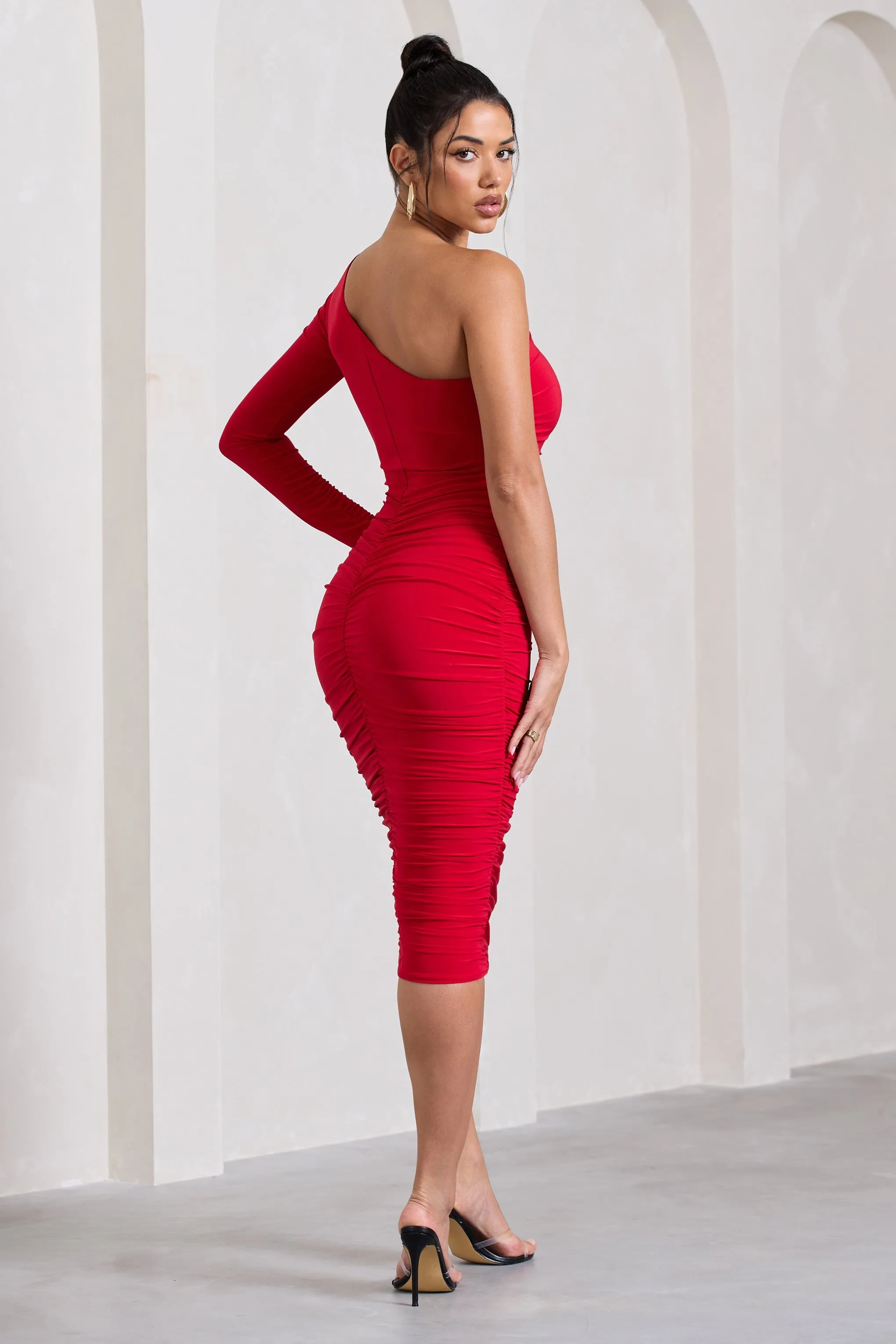 In The Shadows | Red One Sleeve Midi Dress With Ruching sold by Club L London product image thumbnail 2