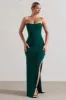 Eletta | Bottle Green Ruched Bandeau Asymmetric Maxi Dress sold by Club L London