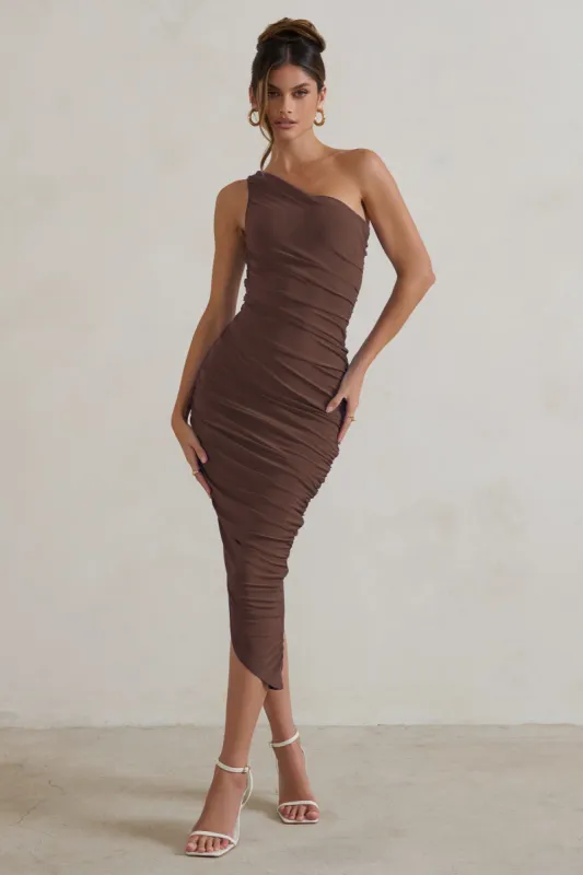 Dorit | Chocolate One Shoulder Asymmetric Ruched Midi Dress sold by Club L London